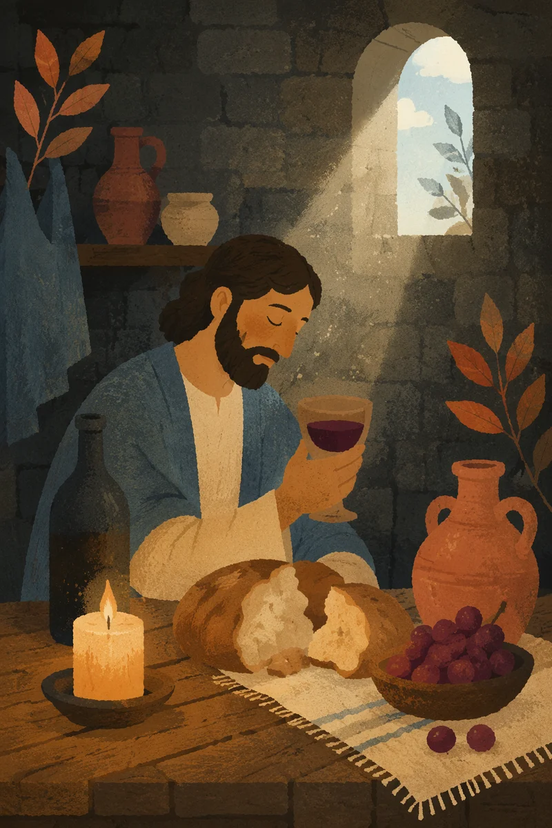 Quiet Cellar Meal with Wine and Bread
