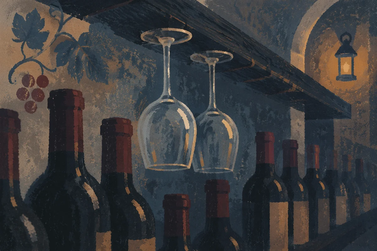 Moody Wine Cellar Glasses and Red Bottles