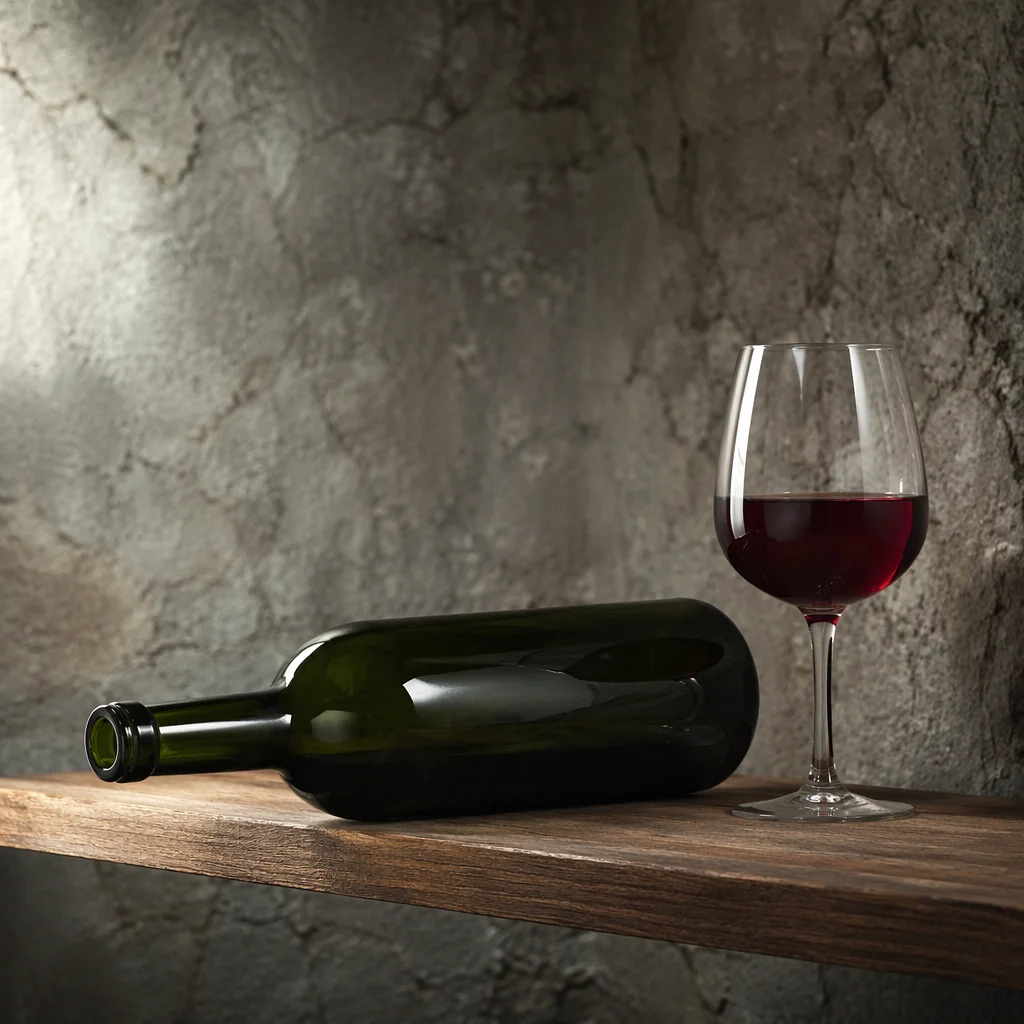 Red Wine Glass and Bottle in Cellar