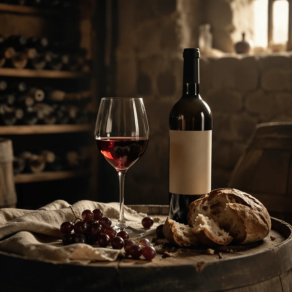 Red Wine Still Life in Rustic Cellar