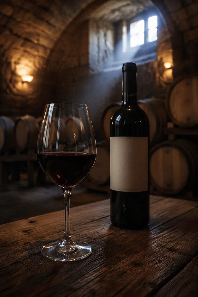 Red Wine Glass in Rustic Cellar
