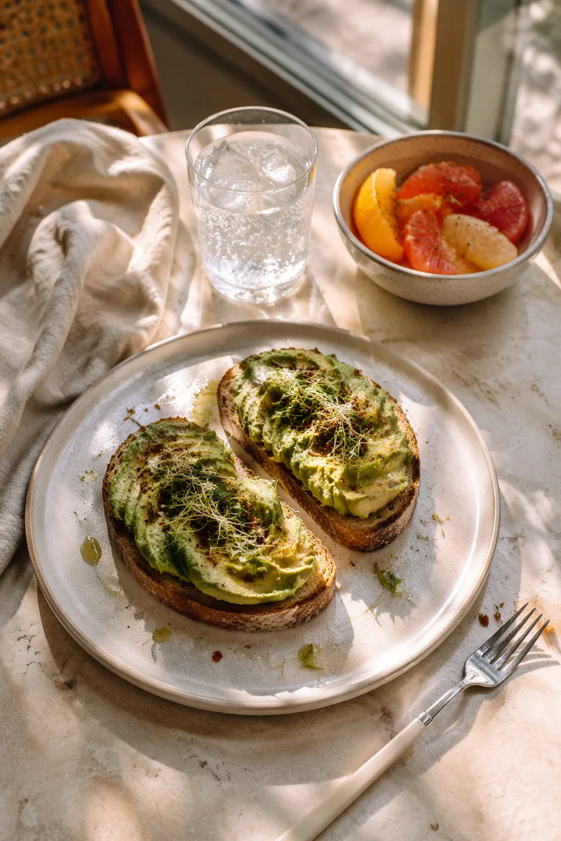 Sunlit Avocado Toast Brunch on Ceramic Plate