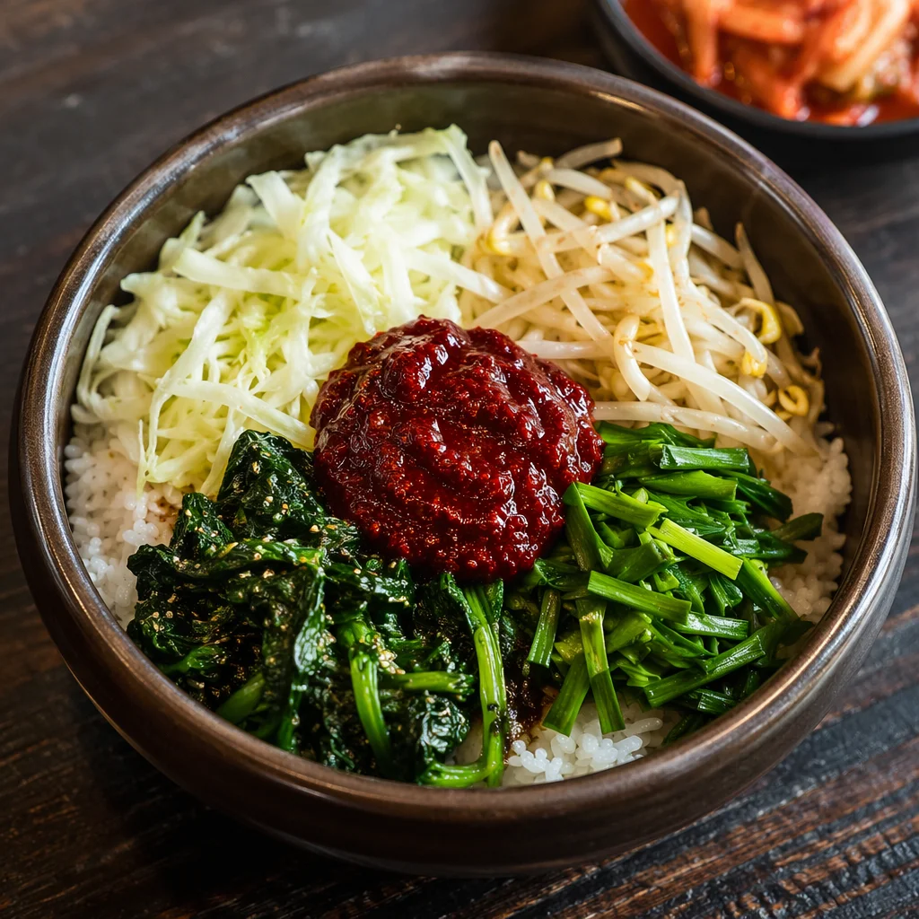 Colorful Korean Bibimbap Bowl Overhead View