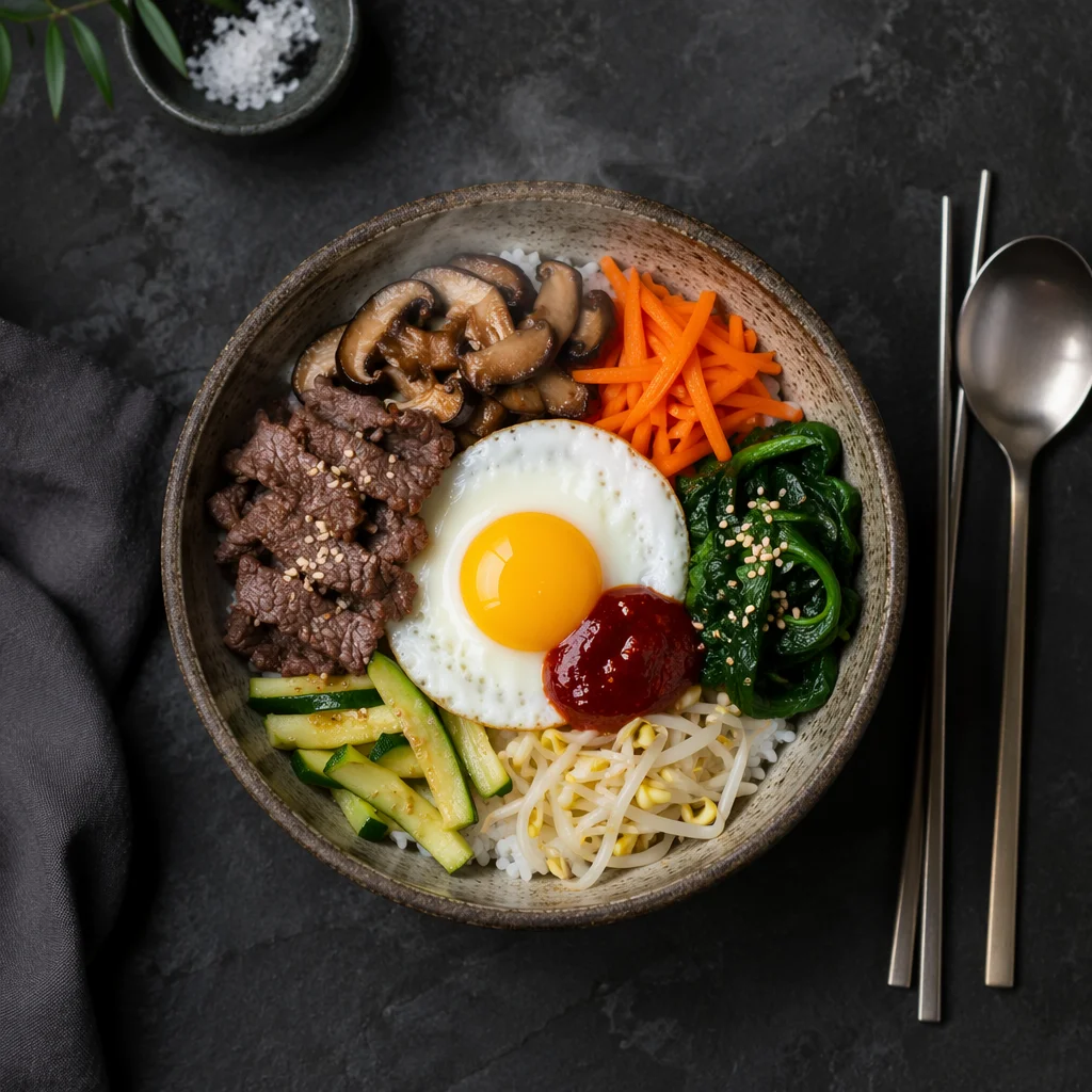 Colorful Bibimbap Bowl Overhead Food Scene