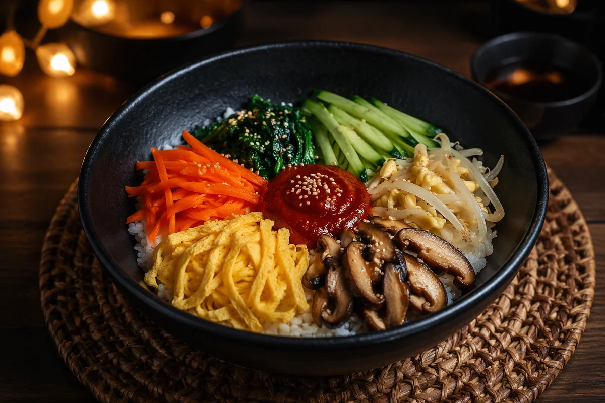 Colorful Bibimbap Bowl Overhead Dinner Scene