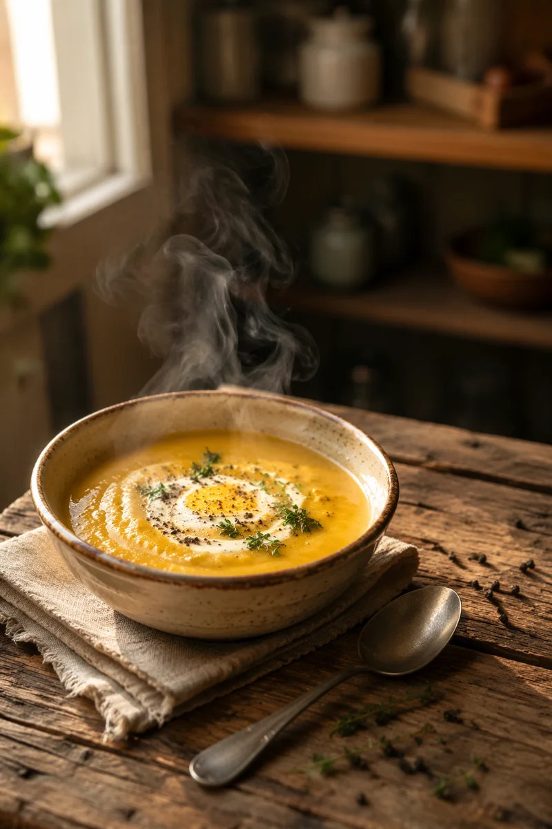 Steaming Golden Soup on Rustic Table