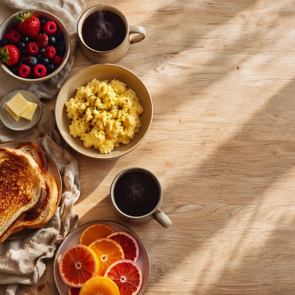 Overhead Rustic Breakfast Spread with Coffee