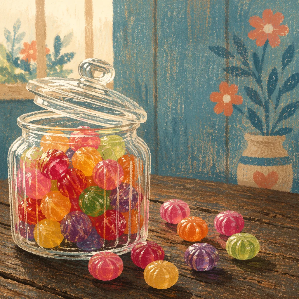 Colorful Candy Jar on Rustic Counter