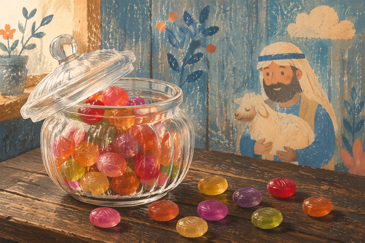 Colorful Candy Jar on Rustic Wooden Counter