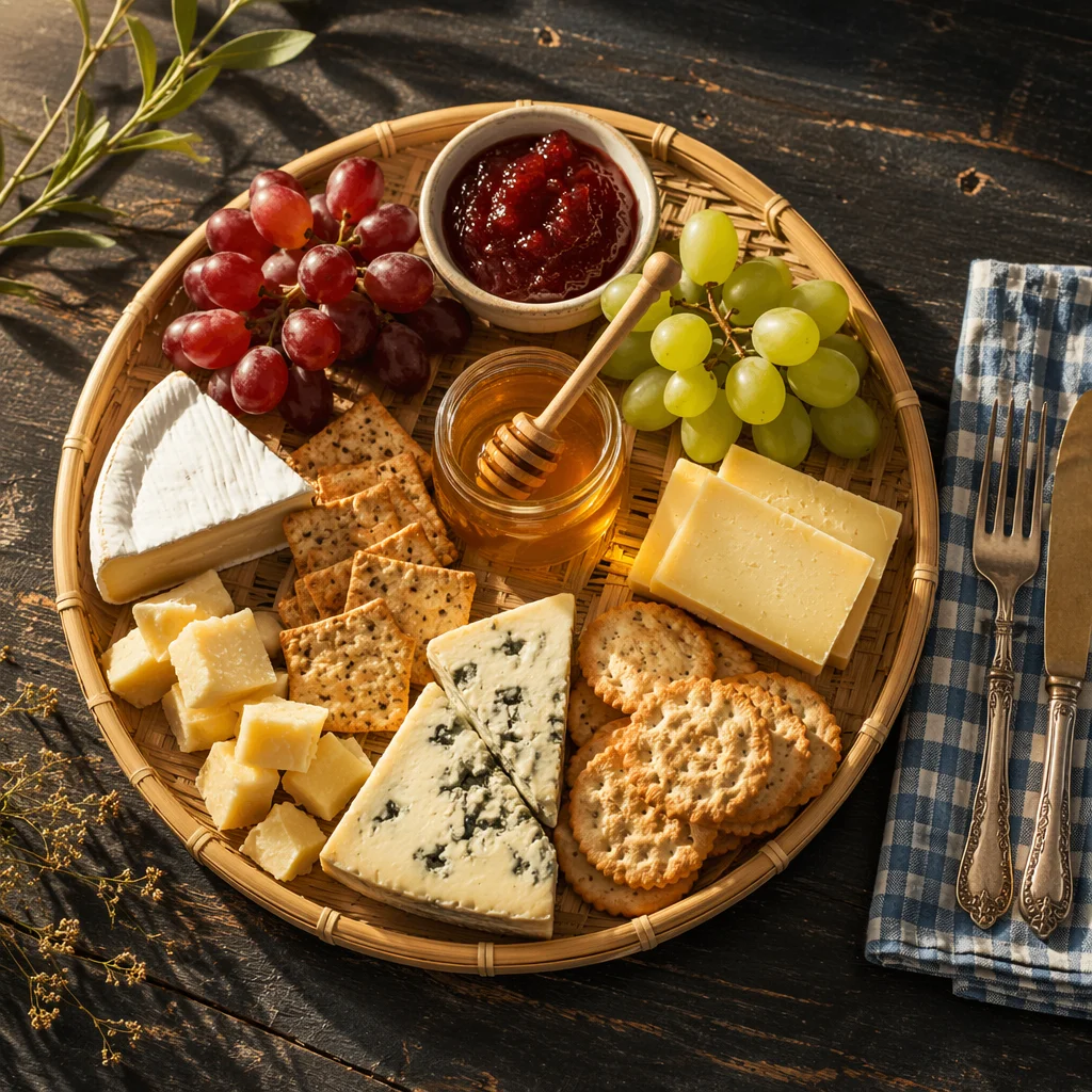 Rustic Cheese Board With Honey and Grapes