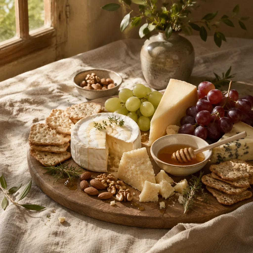 Rustic Cheese Board with Grapes and Honey