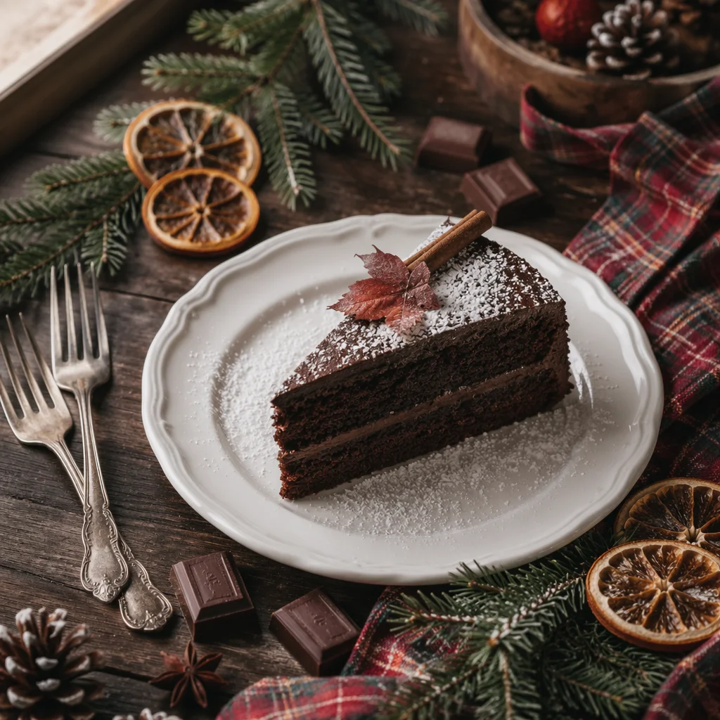 Elegant Chocolate Cake Slice with Rustic Holiday Accents