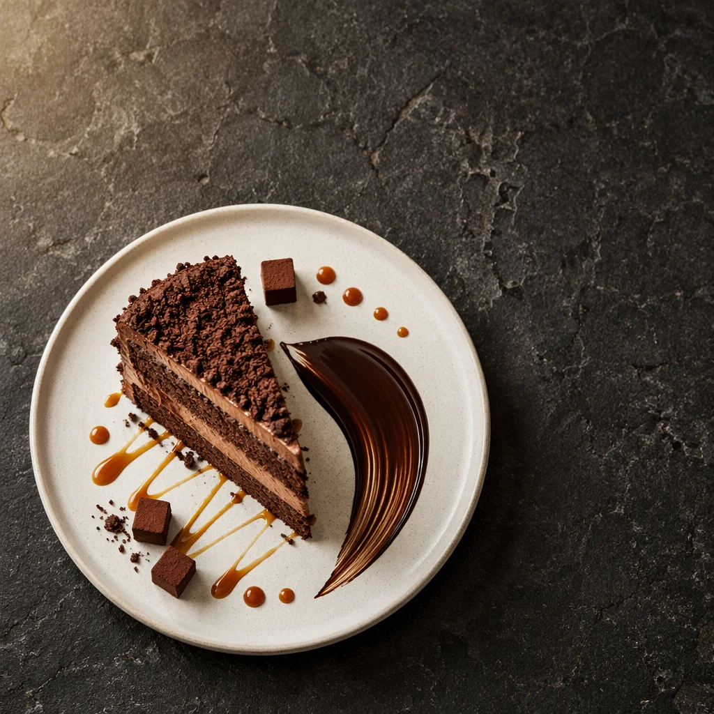 Elegant Chocolate Cake Slice Overhead Plate