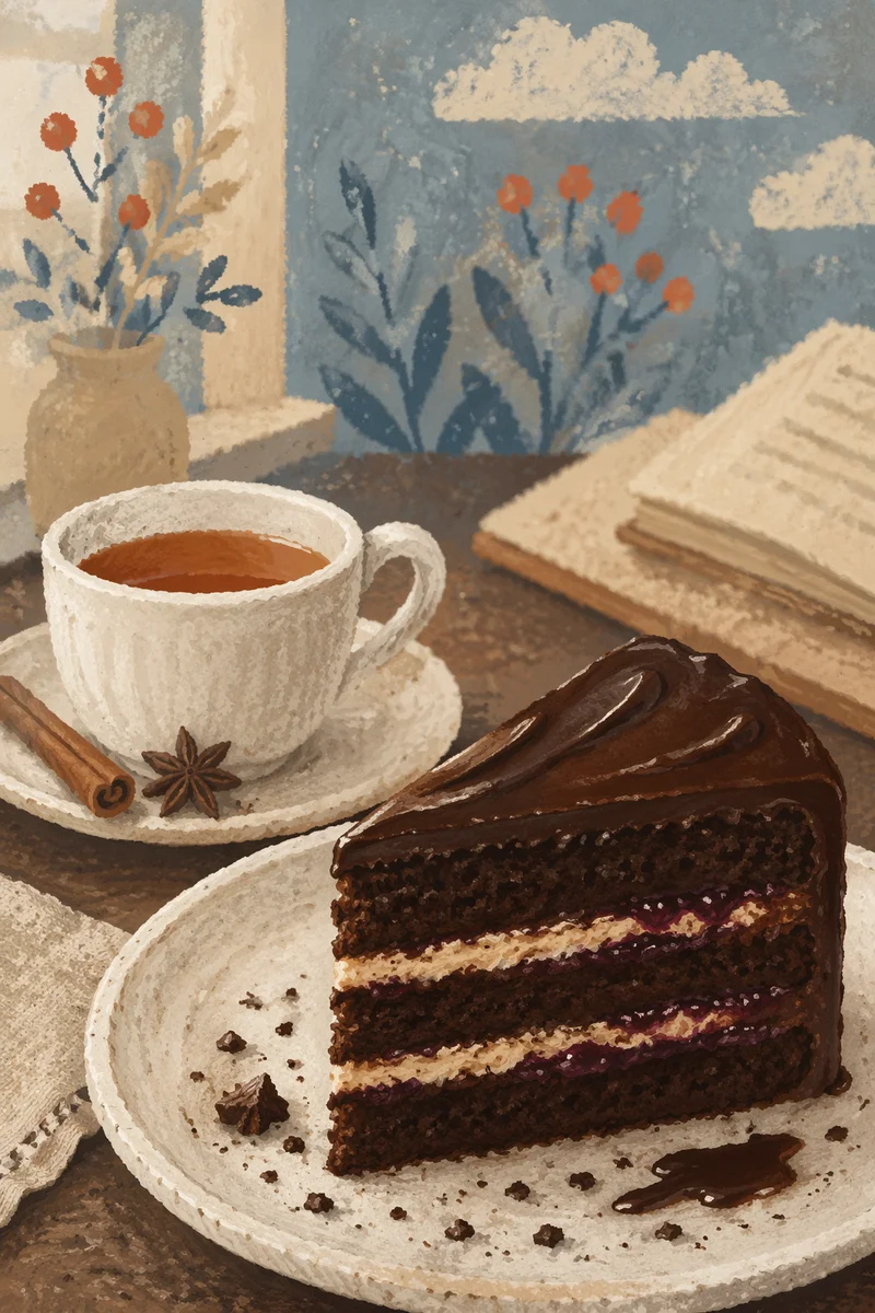 Elegant Chocolate Cake Slice Cafe Still Life