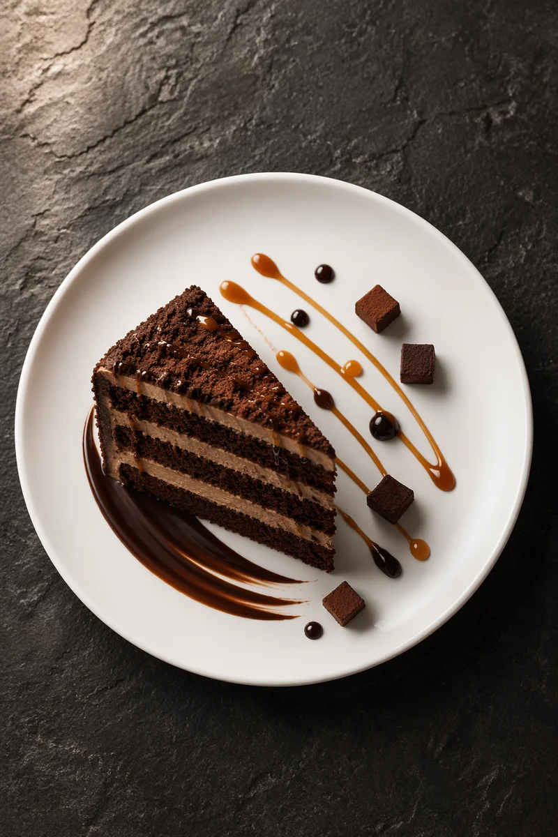 Elegant Chocolate Cake Slice Overhead Plate