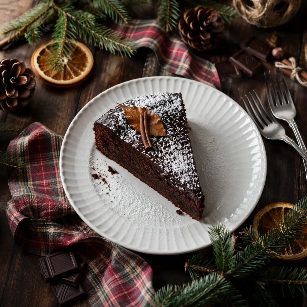 Elegant Chocolate Cake Slice on Rustic Plate
