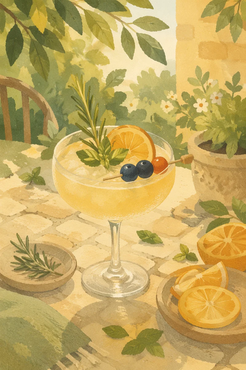 Herb Garnished Citrus Cocktail in Garden Light