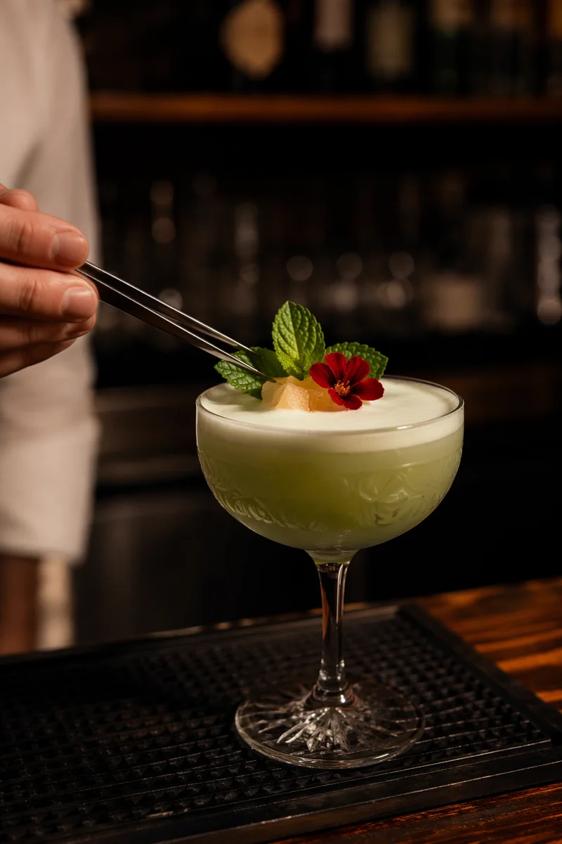 Pale Green Craft Cocktail with Herbal Garnish