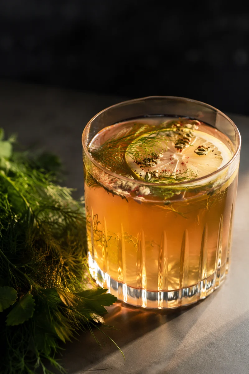 Amber Herbal Cocktail with Citrus Garnish