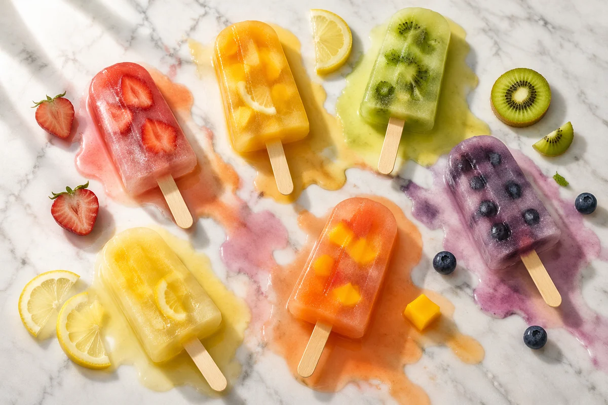 Colorful Melting Fruit Popsicles on Marble