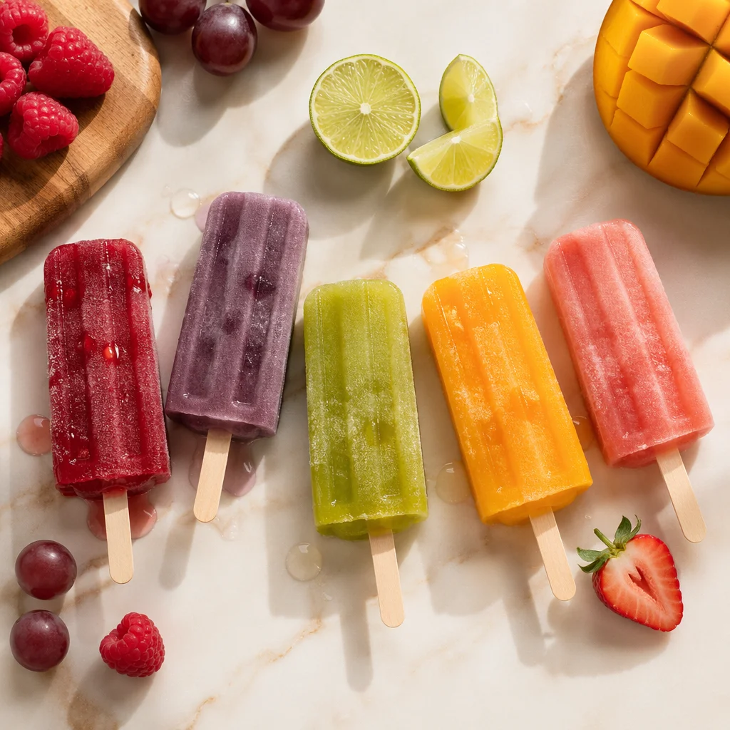 Colorful Melting Fruit Popsicles on Marble