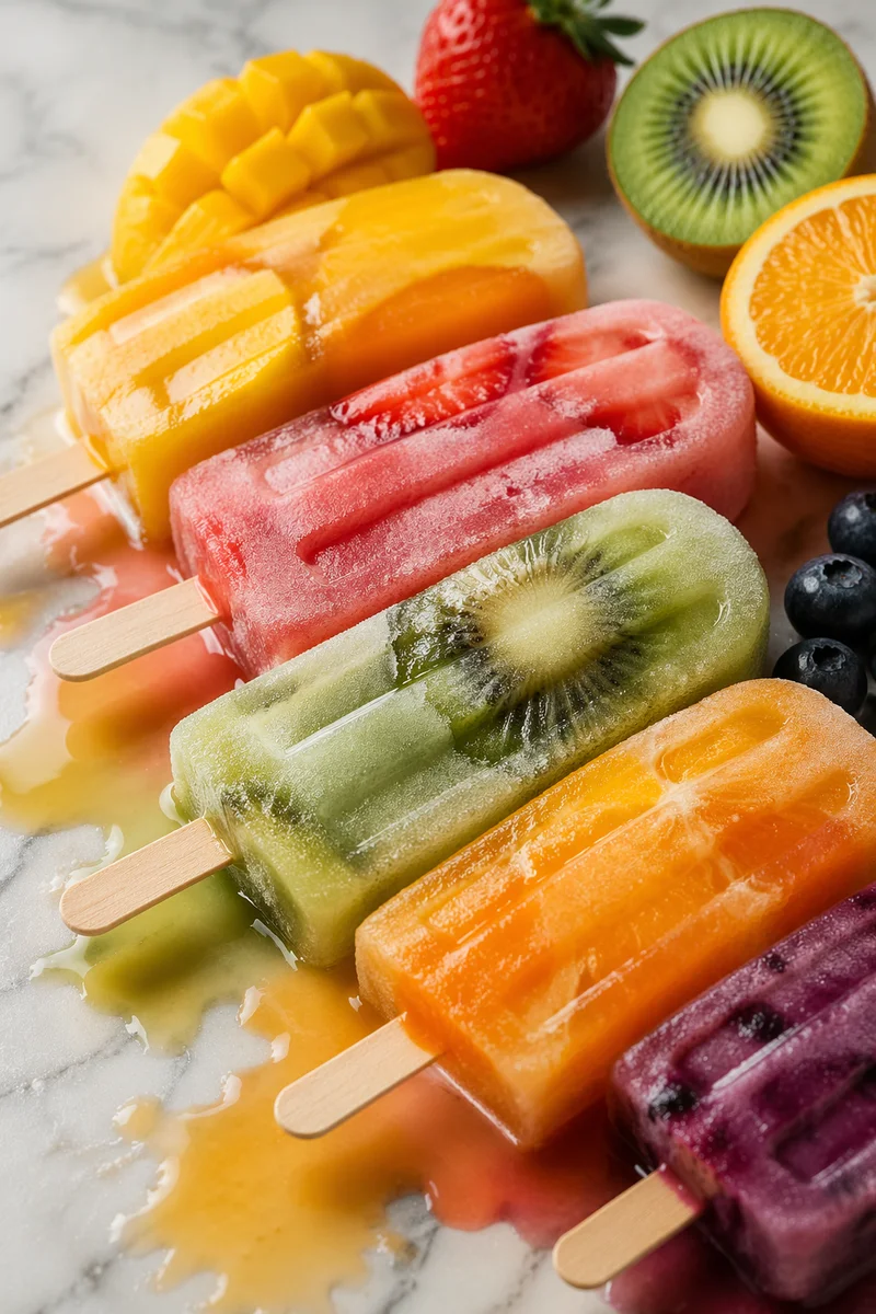 Colorful Melting Fruit Popsicles on Marble