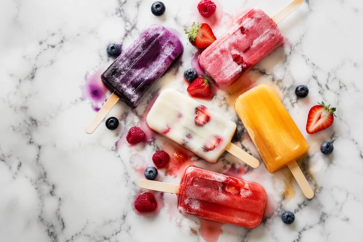 Colorful Melting Fruit Popsicles on Marble