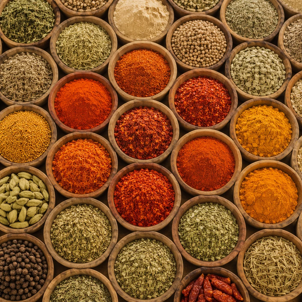 Colorful Spices in Wooden Bowls Pattern