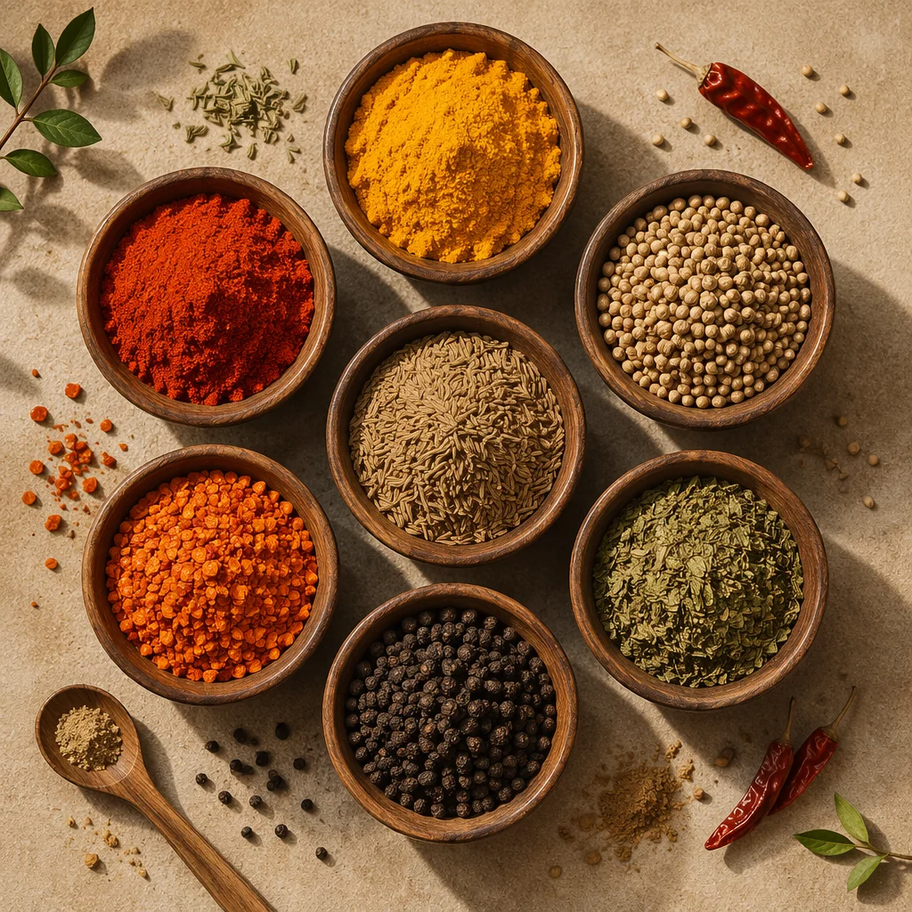 Colorful Spice Bowls Overhead Folk Pattern