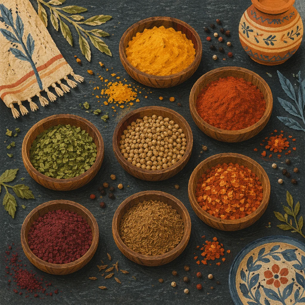 Colorful Spices in Rustic Wooden Bowls