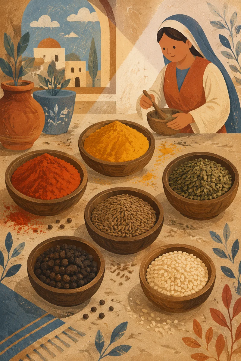 Colorful Spices in Rustic Wooden Bowls