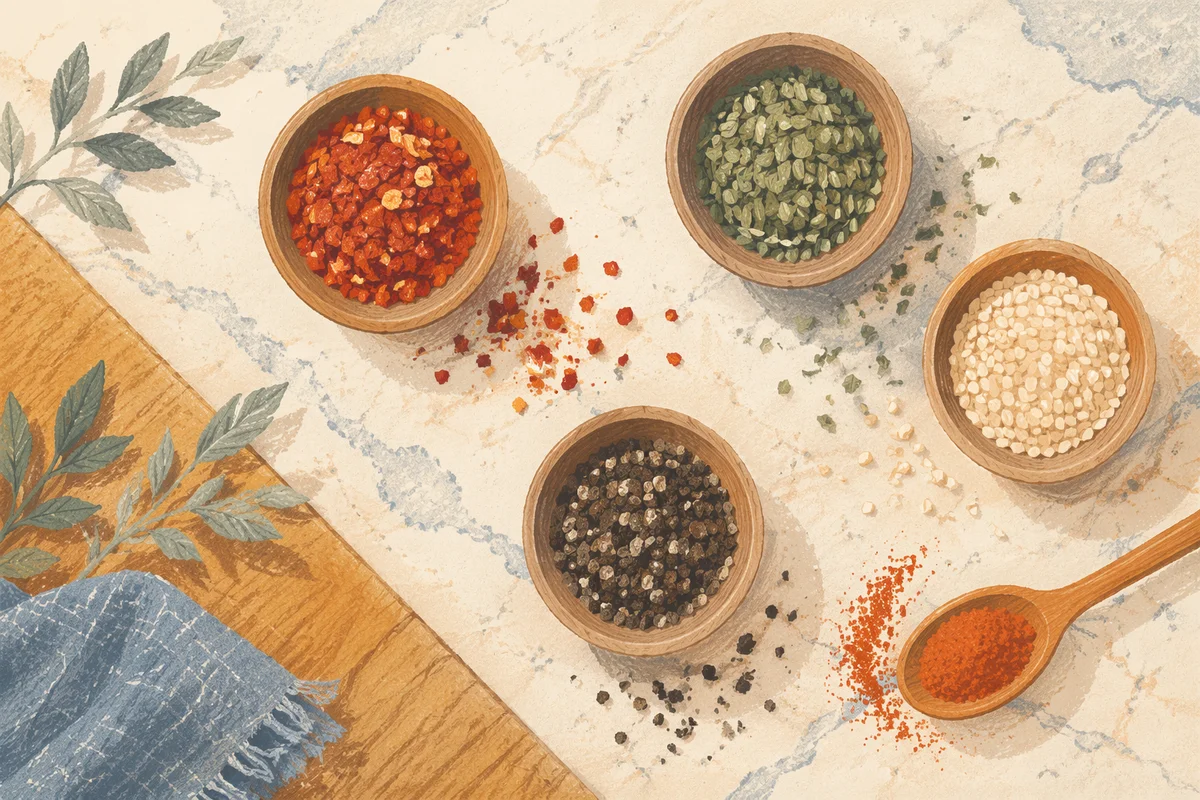 Colorful Spice Bowls on Marble Pattern