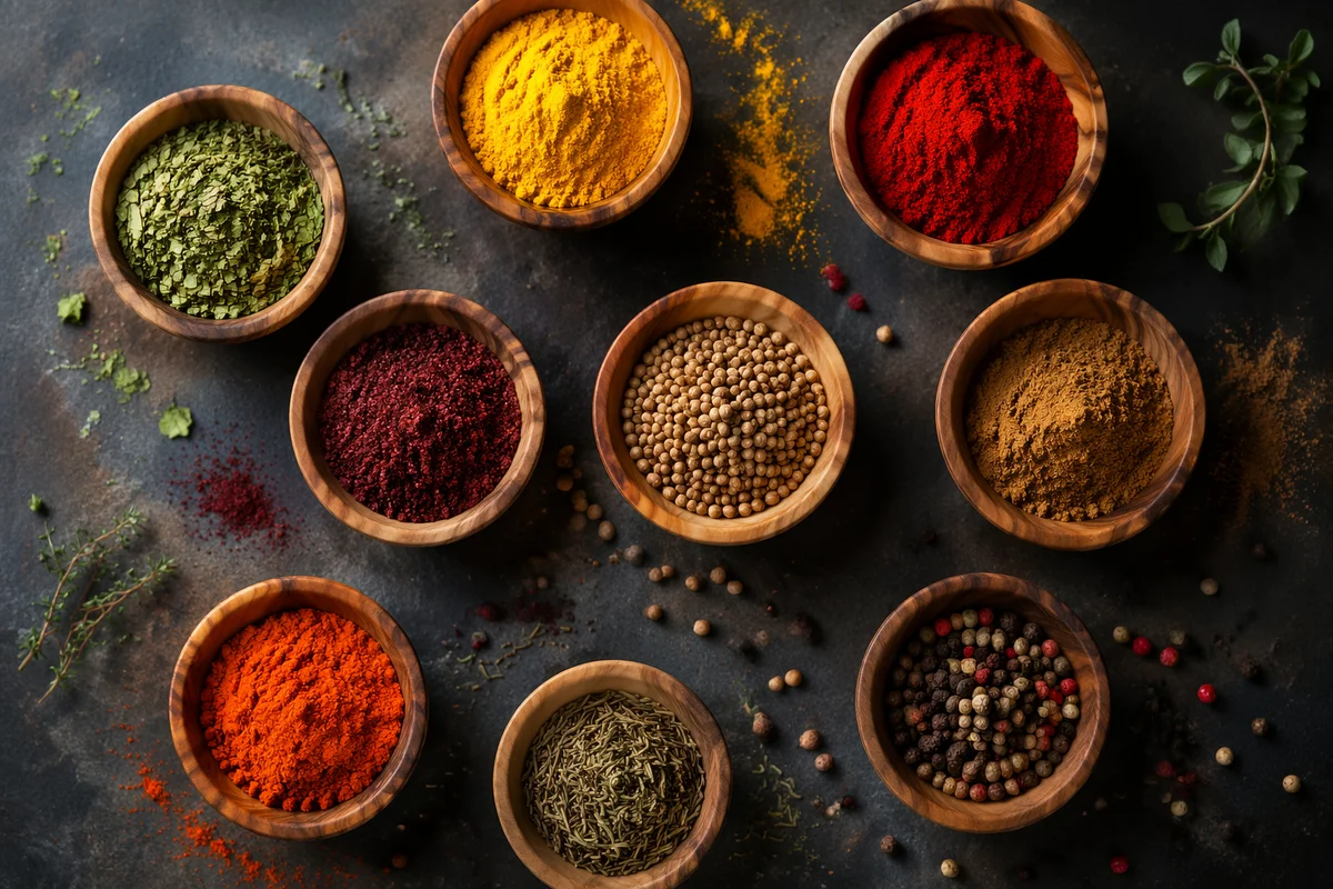 Colorful Spices in Rustic Wooden Bowls
