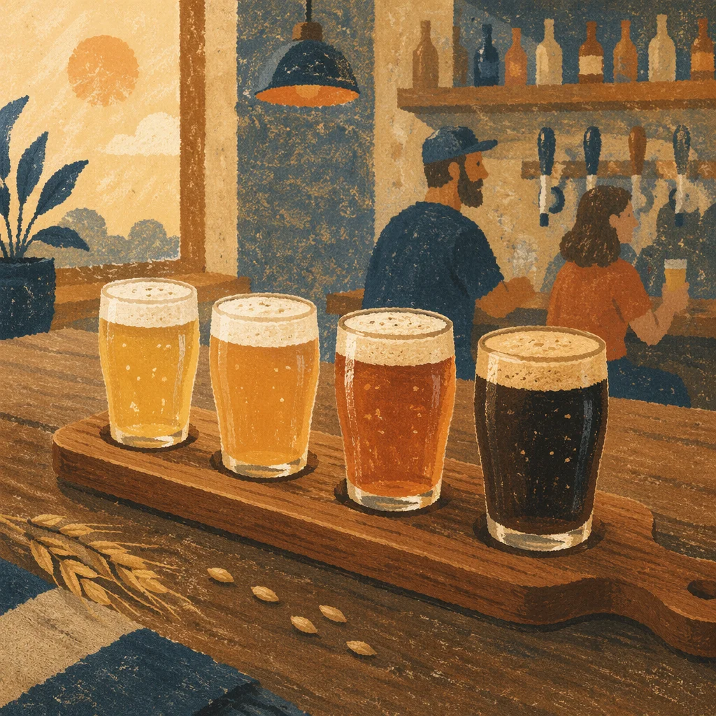 Craft Beer Flight on Rustic Wooden Paddle