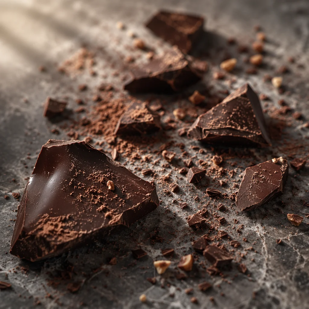 Broken Dark Chocolate on Gray Marble