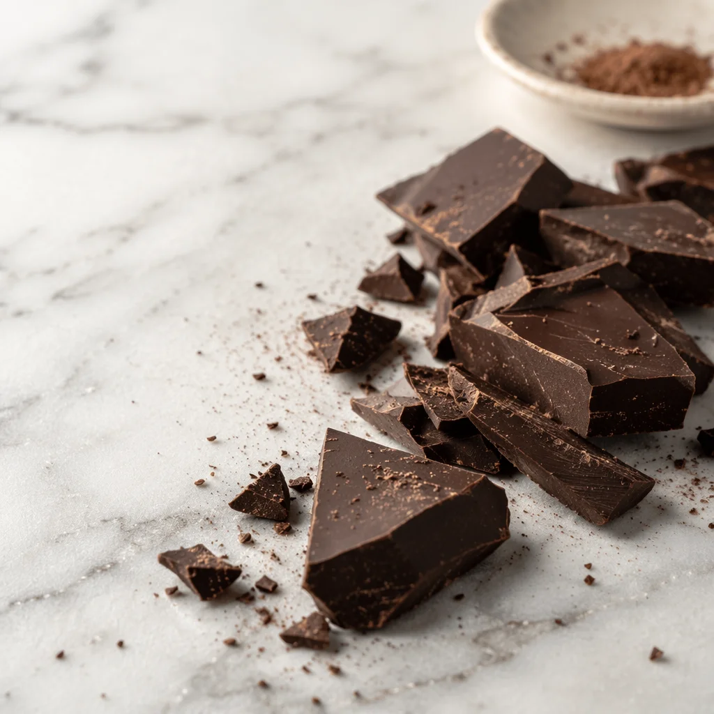 Broken Dark Chocolate on White Marble