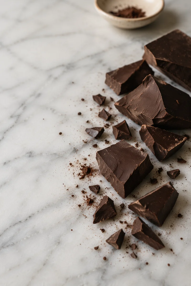 Broken Dark Chocolate on White Marble