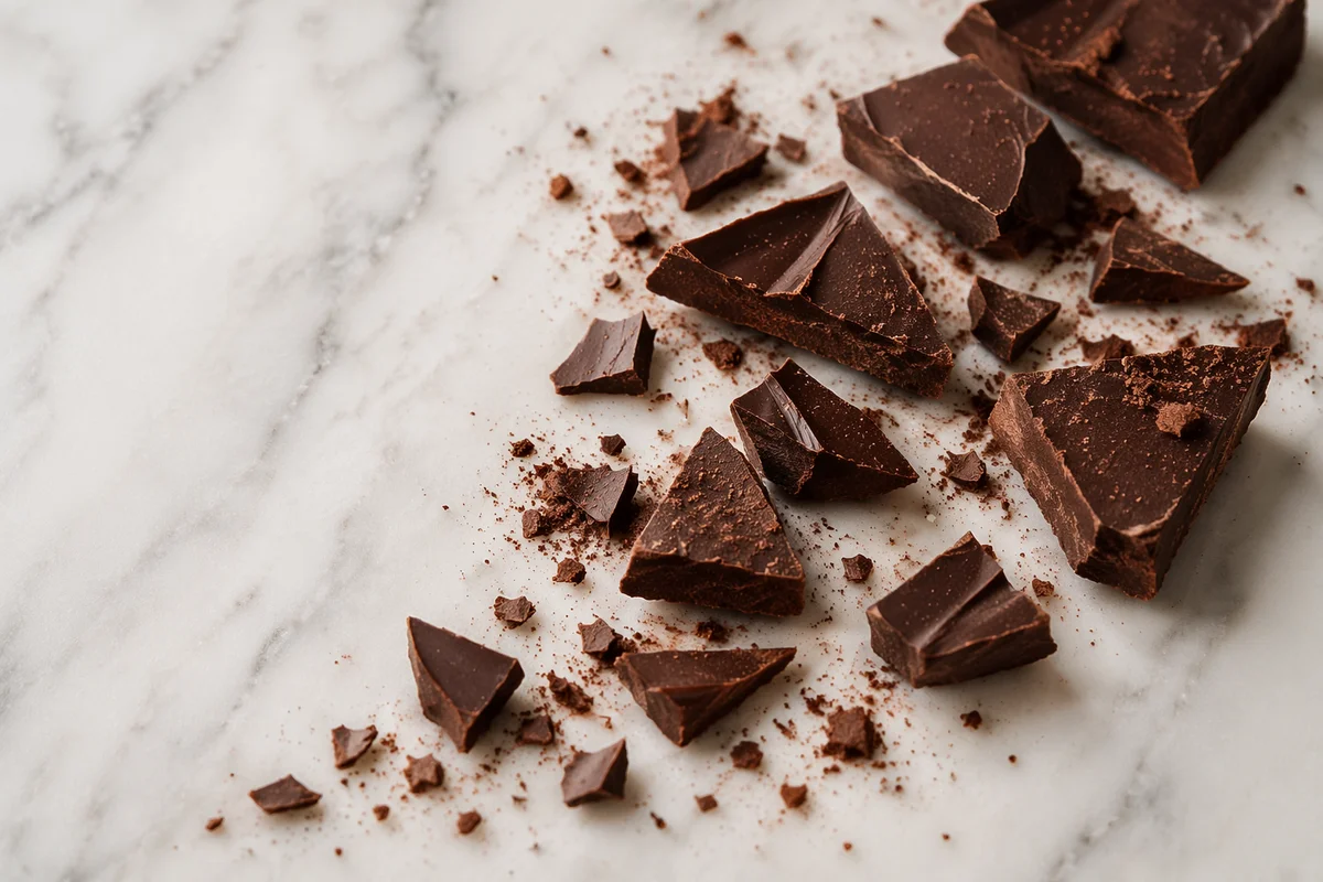 Broken Dark Chocolate on White Marble