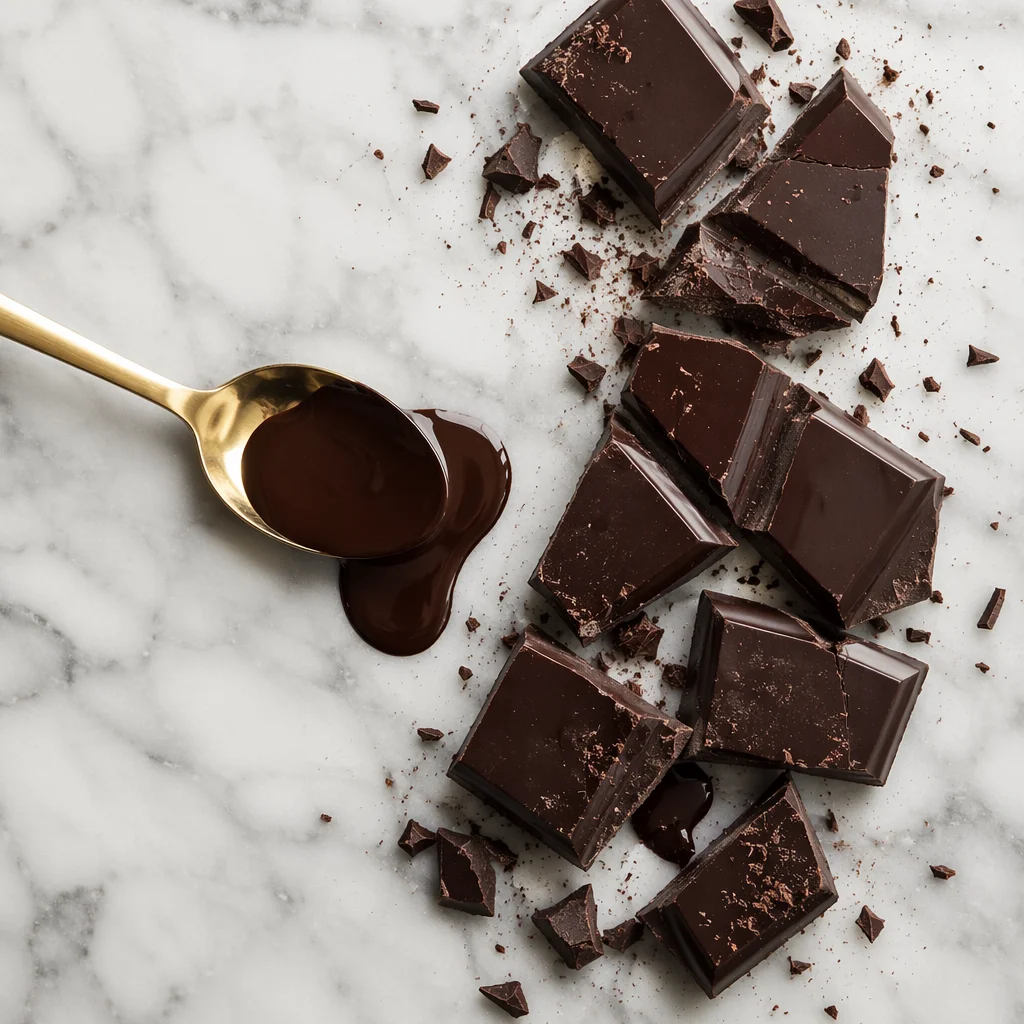 Broken Dark Chocolate on Marble Surface