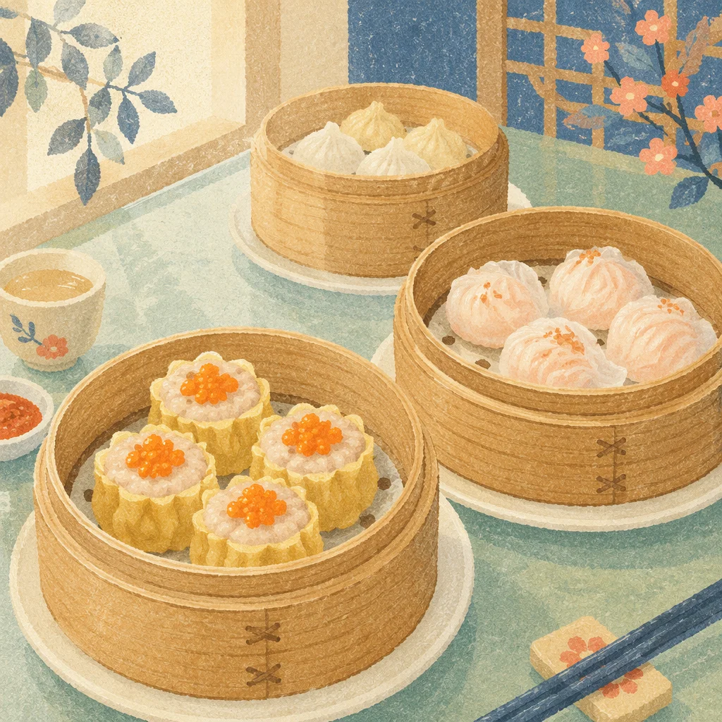 Dim Sum Bamboo Steamers on Mint Table