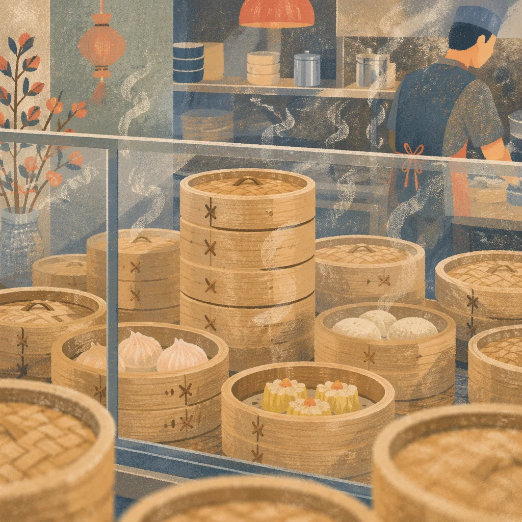 Warm Bamboo Dim Sum Display Closeup