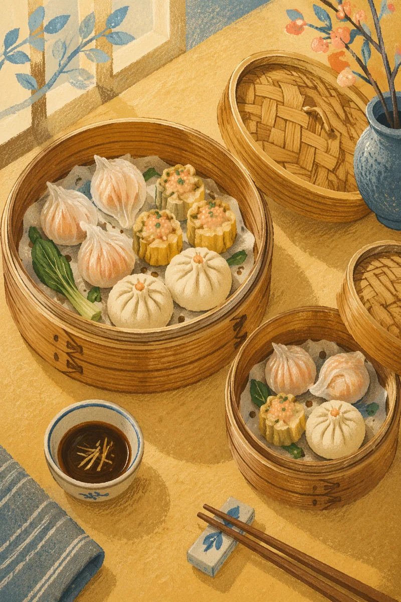 Overhead Dim Sum Bamboo Steamer Variety