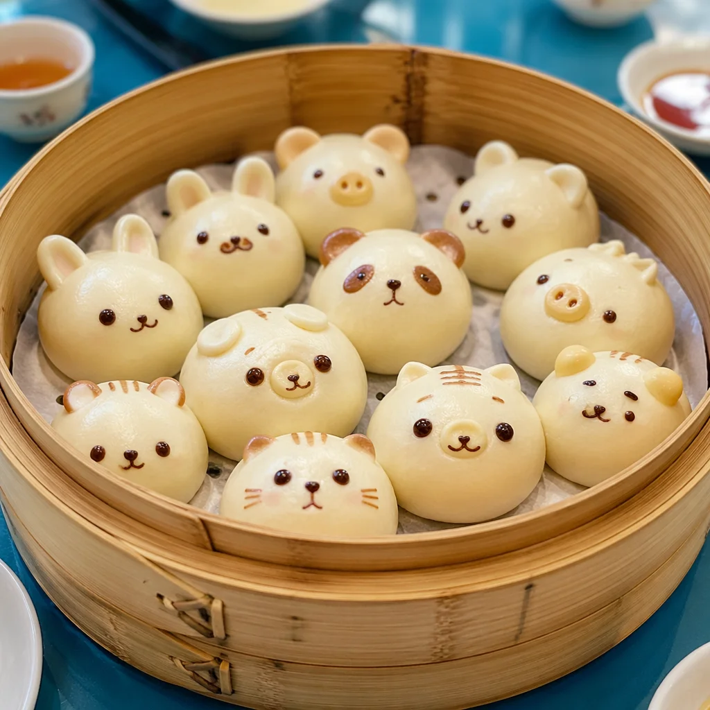 Playful Animal Dim Sum in Bamboo Steamer