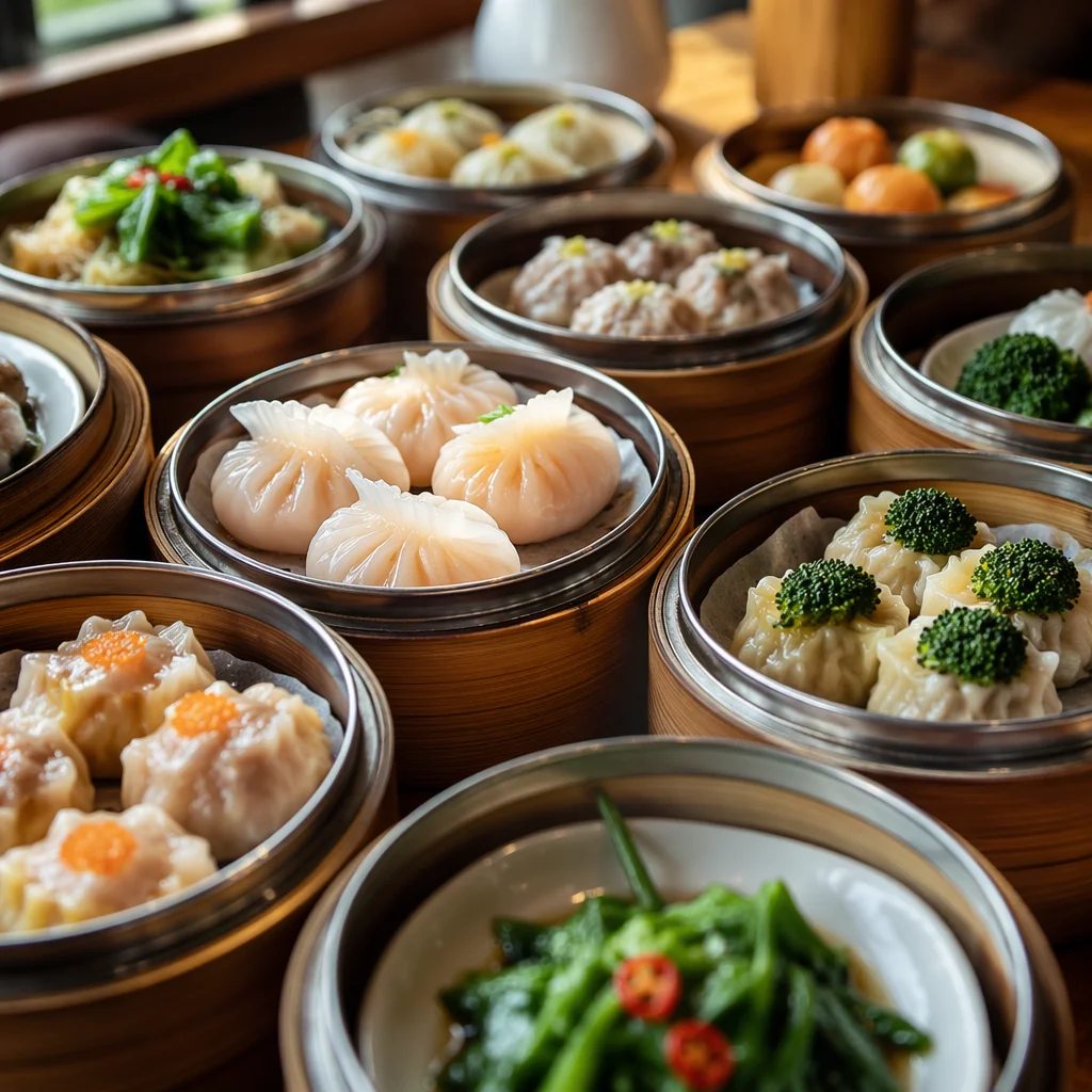 Abundant Dim Sum in Bamboo Steamer Baskets