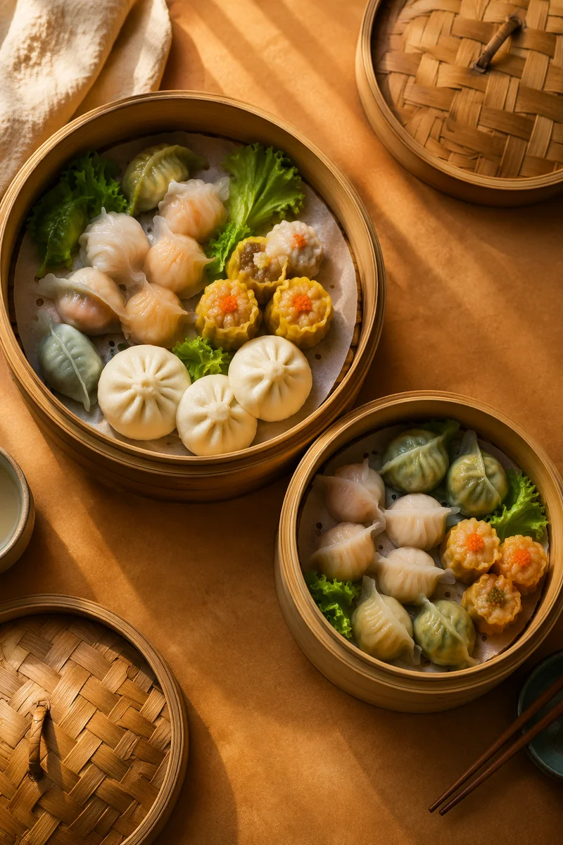 Overhead Dim Sum Bamboo Steamer Variety