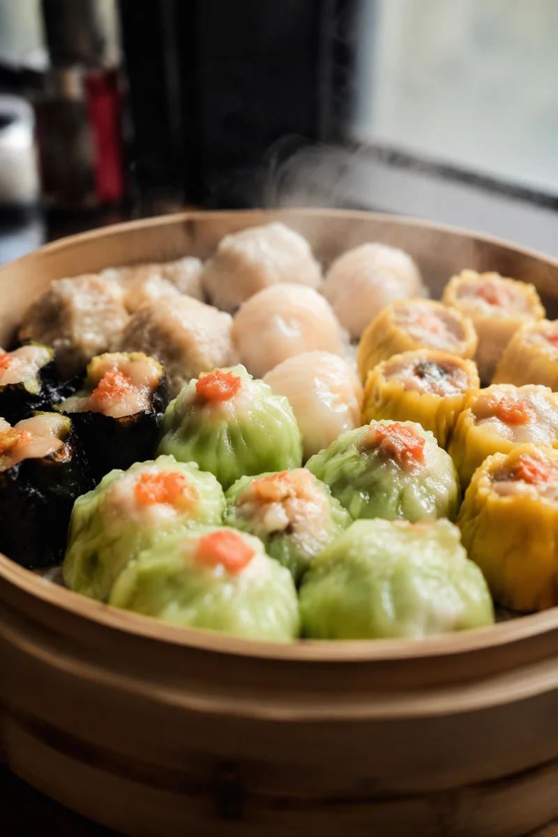 Steaming Bamboo Basket of Assorted Dim Sum