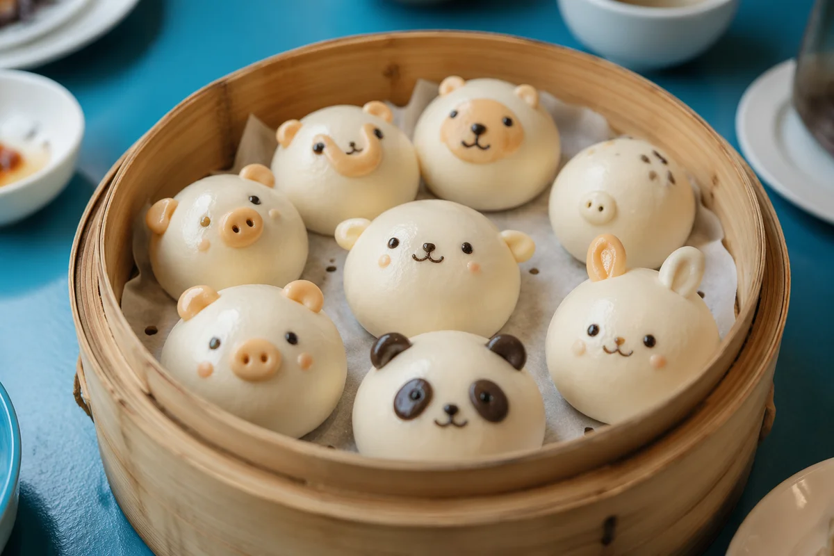 Playful Animal Dim Sum in Bamboo Steamer