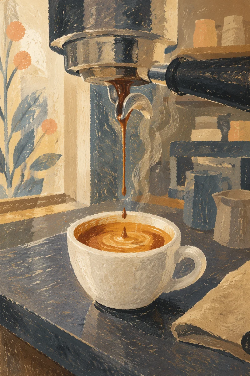 Espresso Pouring Into White Cup Closeup