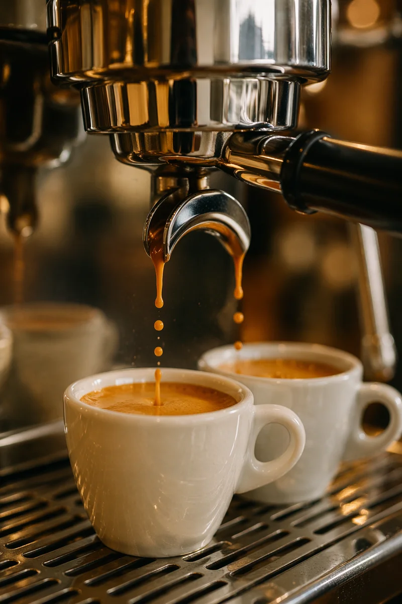 Fresh Espresso Pour into White Cup