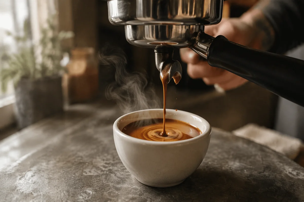 Espresso Pour into White Café Cup
